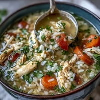 A steaming bowl of one-pot healthy chicken and rice soup, brimming with tender chicken, fresh vegetables, and hearty rice in savory broth.