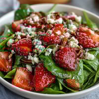 Fresh strawberry spinach salad with poppyseed dressing, featuring juicy berries, tender greens, and crunchy nuts in a creamy, tangy dressing.