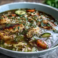 A steaming bowl of Easy Chicken Run One-Pot Chicken and Rice Soup, filled with tender chicken, hearty rice, and fresh vegetables in savory broth.
