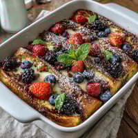 Fluffy pancake casserole layered with fresh berries and creamy custard, perfect for a festive Mothers Day brunch.  