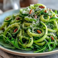 Fresh shaved asparagus salad with lemon and Parmesan, tossed with arugula and topped with toasted pine nuts for crunch.
