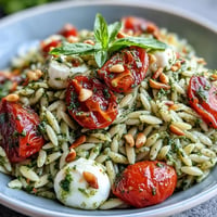 Vibrant cold pesto orzo salad with cherry tomatoes and mozzarella, a perfect summer picnic dish.