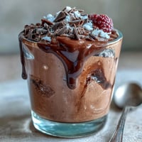 Silky cottage cheese chocolate mousse, a healthy dessert topped with fresh berries.
