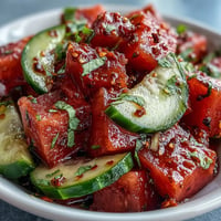 Vibrant watermelon cucumber salad with Tajin and lime, bursting flavor.