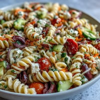 Colorful Memorial Day Pasta Salad with crisp veggies and zesty Italian dressing.