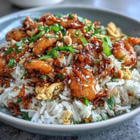 Fluffy chili crisp egg fried rice sprinkled with fresh scallions.