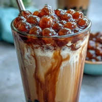 Brown Sugar Boba Milk Tea with glistening chewy pearls and luxurious caramel syrup swirls.