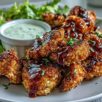 Golden vegan BBQ cauliflower wings are ready with creamy ranch for dipping.