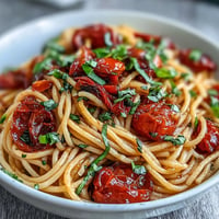 Cherry tomato confit pasta with garlic oil: sweet tomatoes, tender garlic, fresh basil on spaghetti.